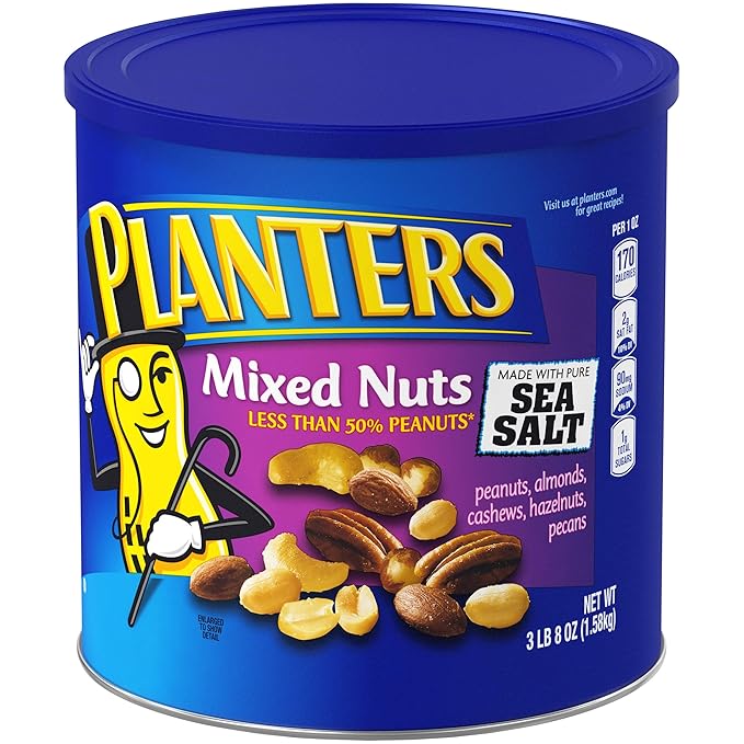 PLANTERS Salted MixedNuts, Peanuts, Almonds, Cashews,BrazilNuts and Pecans, PartySnack, Plant-Based Protein, Quick Snackfor Adults, After SchoolSnack, Bulk Nuts, Kosher,56oz Canister (Pack of 2)