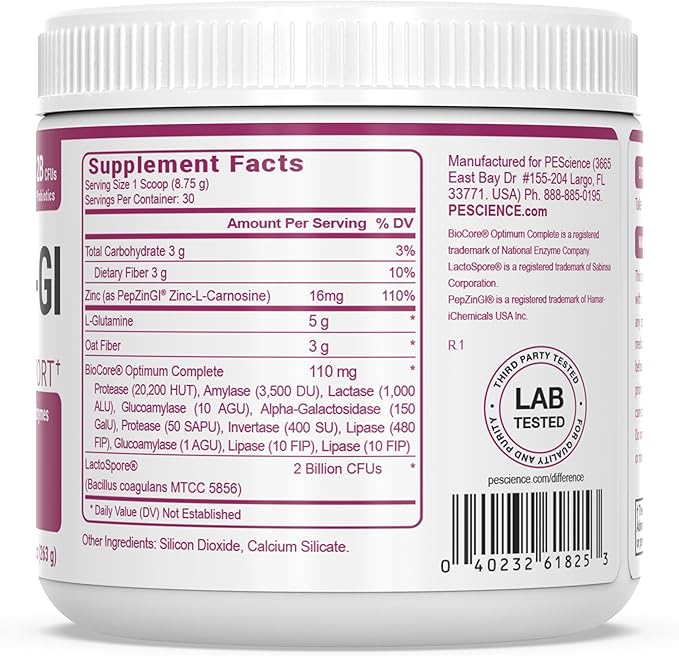 PEScience Complete-GI Gut Health Powder, Probiotics for Women and Men, Digestive Enzymes, Prebiotic Fiber, L-Glutamine, Pepzin GI Zinc Carnosine - Unflavored, 30 Servings