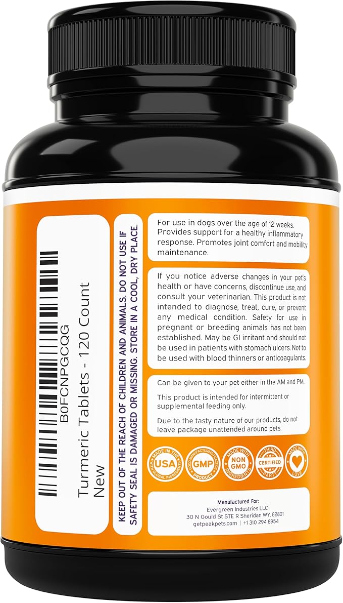 Turmeric for Dogs (155mg) Turmeric Curcumin Supplement for Dogs with BioPerine - Immune System Hip, Mobility & Joint Support - 120 Chicken Flavor Chewable Tablets - Third Party Tested & Non-GMO