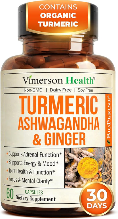 Ashwagandha Organic Turmeric Curcumin Supplement with Ginger Root & Black Pepper – Joint Health, Energy & Immune Support – Antioxidant Blend with 95% Curcuminoids – 60 Capsules