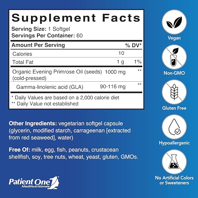 Patient One Evening Primrose Oil 1000mg | Supplement to Support Healthy Skin and Joint Comfort* | Solvent-Free, Cold-Pressed Oil | 60 Softgels