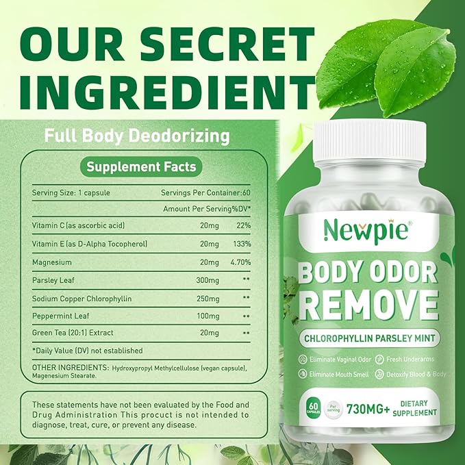 Body Deodorizing Supplement, Chlorophyll Capsules for Skin Body Odor, Fresh Breath & Gut Odor Control for Men & Women | Vegan with Parsley Leaf Green Tea, Gluten Free, 60 Capsules (3)