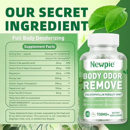 Body Deodorizing Supplement, Chlorophyll Capsules for Skin Body Odor, Fresh Breath & Gut Odor Control for Men & Women | Vegan with Parsley Leaf Green Tea, Gluten Free, 60 Capsules (3)