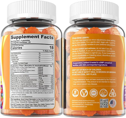 Fiber Gummies for Adults with Psyllium Husk, 7G(Soluble + Insoluble) Daily Prebiotic Fiber with Inulin, FOS, Guar Gum, Multivitamins for Daily Digestive Health, Regularity Support,Sugar Free,Pack of 2
