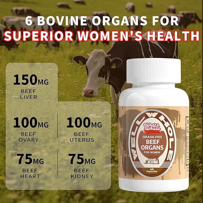 Well&Whole Grassfed Beef Organ Supplement Capsules, Organic Female & Male Bovine Organ Complex, Grass Fed & Pasture Raised, Total Body Wellness Support, 60 Capsules, 60 Days Supply