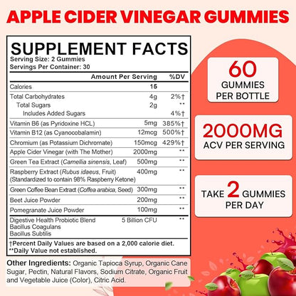 Apple Cider Vinegar Gummies, Max Strength Keto Acv Gummies with Green Tea, Probiotics, B12, B6, Keto Support, Apple Cider Vinegar with Mother for Detox & Cleanse, Digestion & Gut, Vegan, 120 Counts
