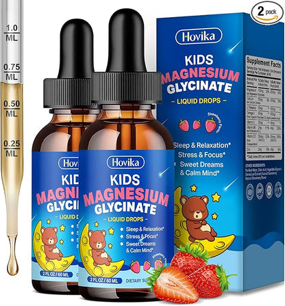2 Pack Kids Magnesium Liquid Drops - Liquid Magnesium Glycinate Supplement with L-Theanine Omega-3, Vitamin B6, D3, Zinc - Support Sleep, Relaxation, Calm & Focus - Strawberry Flavor