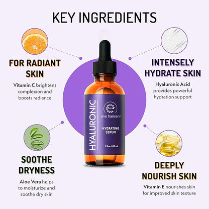 Eve Hansen Hydrating Hyaluronic Acid Serum for Face with Vitamin C, Vitamin E, Green Tea | 72% Organic Firming Facial Moisturizer, Anti-Wrinkle, Skin Plumper (1 oz)