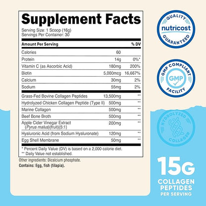 Nutricost Multi Collagen Protein Complex (Unflavored, 30 Servings) - Supplement with Biotin, Hyaluronic Acid, and Collagen Peptides
