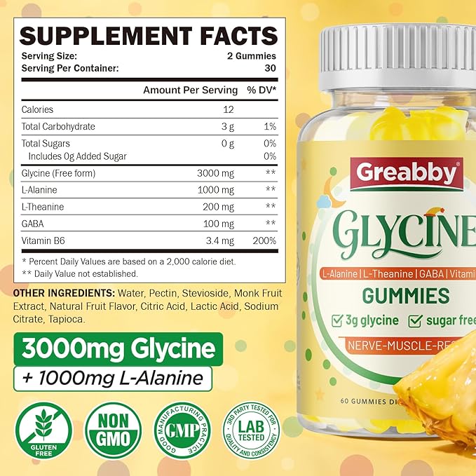 Glycine 3g Gummies, with L Alanine 1000 mg, L Theanine, GABA, Vitamin B6, Sleep Support, Muscle Relaxation, High Absorption Glycine Supplements for Adults, Sugar Free Pineapple Flavor, 60 gummies