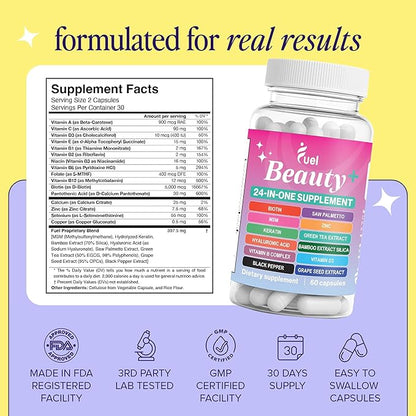 Fuel Beauty+ 24-in-1 Hair, Skin & Nails Vitamins for Women – 5000mcg Biotin, Hyaluronic Acid & Saw Palmetto – Daily Multivitamin for Hair Growth, Nail Strength & Skin Glow – 60 Capsules