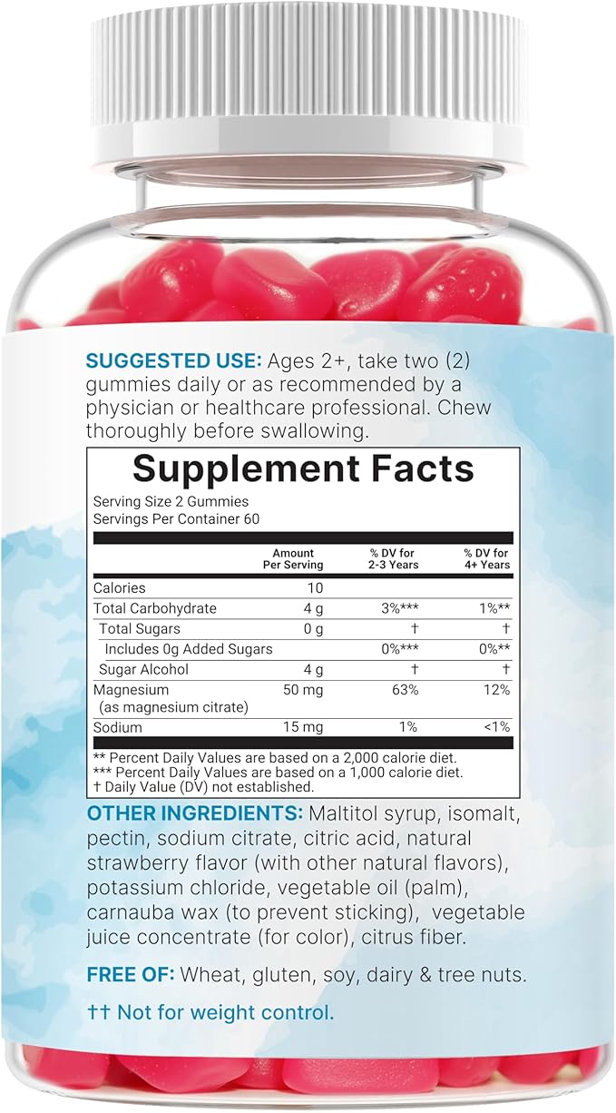 Kids Magnesium Gummies for Age 2+, 120 Count | Sugar Free Strawberry Flavor | Calm Magnesium Citrate Gummies for Sleep, Relaxation, Muscle, Bones, & Mood Support* | Non-GMO, Gluten Free