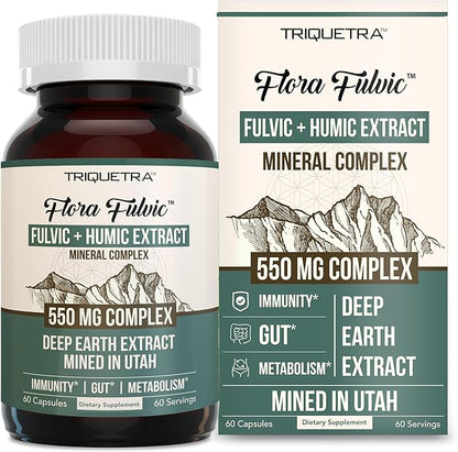 Flora Fulvic | Fulvic Acid + Humic Acid Complex – 550 mg |Mined in Utah, Prehistoric Deep Earth Extract | Immunity, Gut, Digestion – Natural Trace Mineral Complex, Fulvic Acid Supplement – 60 Capsules