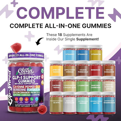 Clean Nutra Gummies with Cayenne Pepper, CLA, Berberine, Forskolin, Ceylon Cinnamon, Probiotics, Garcinia Cambogia & L-Carnitine | Mango Cherry Flavor | 60 Count Chewable Supplement Gummies
