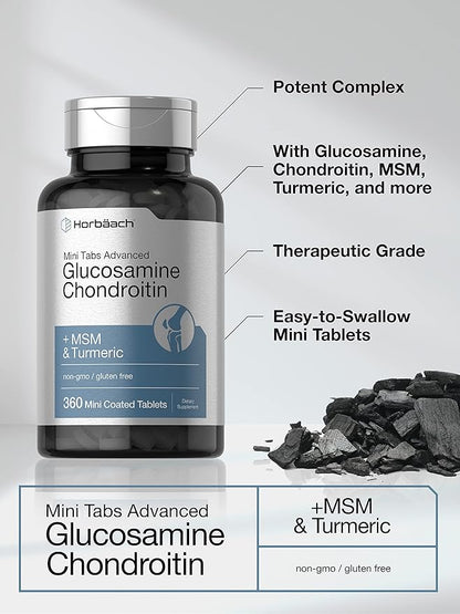 Horbäach Glucosamine Chondroitin MSM Turmeric | 360 Mini Coated Tablets | Advanced Glucosamine Formula | Non-GMO and Gluten Free Supplement