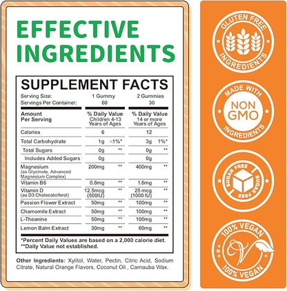 Magnesium Gummies for Kids - Magnesium Glycinate Gummies Supplement with L-Theanine, Vitamin B6, D3 for Adults & Kids, Calm Magnesium for Sleep, Relaxation, Brain, Bones,Sugar Free Orange 120ct