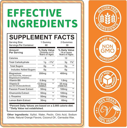 Magnesium Gummies for Kids - Magnesium Glycinate Gummies Supplement with L-Theanine, Vitamin B6, D3 for Adults & Kids, Calm Magnesium for Sleep, Relaxation, Brain, Bones,Sugar Free Orange 120ct
