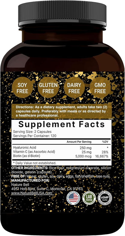 NatureBell 2 Pack Plant Based Hyaluronic Acid Supplements 250mg with 25mg Vitamin C & Biotin 5000mcg, 480 Total Capsules | Essential for Hair Growth, Joint Support, & Hydrating Skin | Non-GMO