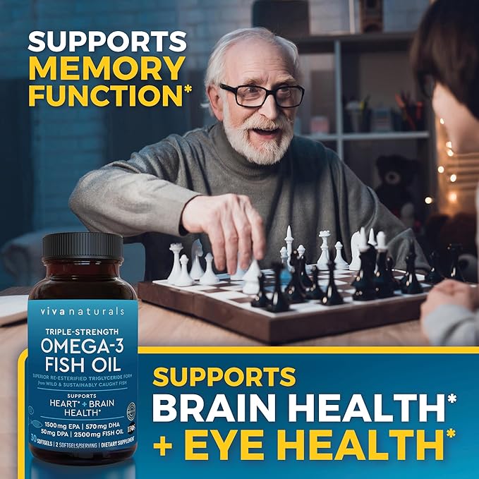 Viva Naturals Omega-3 Fish Oil, Triple Strength, 2500 mg, 30 Softgels – Re-Esterified Omega 3 Fatty Acids Including EPA, DHA, DPA - Pascatarian-Friendly