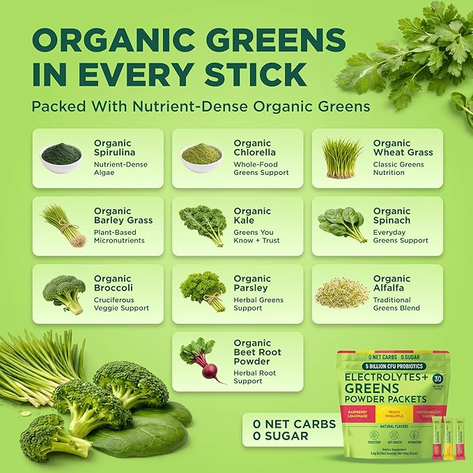 Keto Vitals Keto Electrolytes Plus Greens Superfood Powder Packets - 30 Servings Super Greens Powder Packets with Sugar Free Electrolytes for Hydration, Gut Health & Digestion - Green Drink Mix