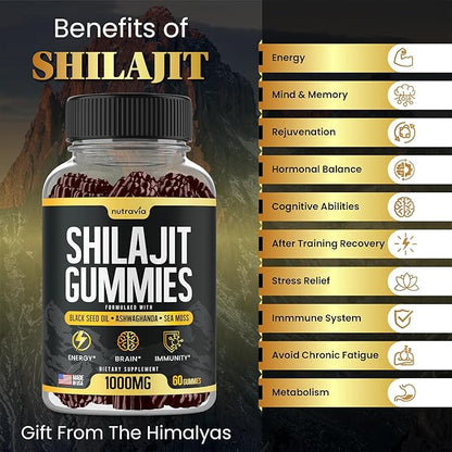 Shilajit Gummies - 3 in 1 with Sea Moss, Black Seed Oil, Ashwagandha - Natural Formula Shilajit Supplement 85+ Trace Minerals, Pure Himalayan Shilajit Gold Gomitas De Shilajit, USA Made (60 Gummies)