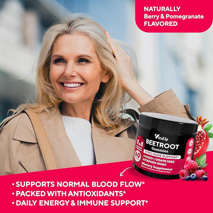 VitaUp Beet Root Gummies – Beetroot Supplement with CoQ10, Grape Seed, Vitamin C, B12 & B3 – Nitric Oxide Gummies for Circulation Support – Beet Supplement for Energy & Immune Support – 60 Beets Chews