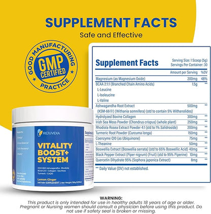 Vitality Boost+ System – Daily Energy & Stress Support Powder – 500mg KSM-66® Ashwagandha, BCAA 2:1:1, Magnesium, CoQ10 & Collagen – 30 Servings – Lemon Ginger – Made in USA