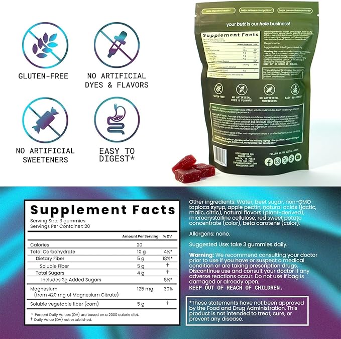 Fiber Extra Strength Gummies with Magnesium Citrate – Extra Strength Gut & Digestive Support – Mixed Berry Flavor – Daily Wellness Supplement – 60 Gummies (2)