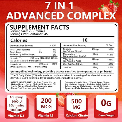 Vitamin D3 K2 Gummies,Sugar-Free,Vegan,Extra Strength,with Calcium Magnesium Zinc,for Immune Support,Bone Teeth Heart Health,for Adults,Non-GMO Gluten Gelatin Free
