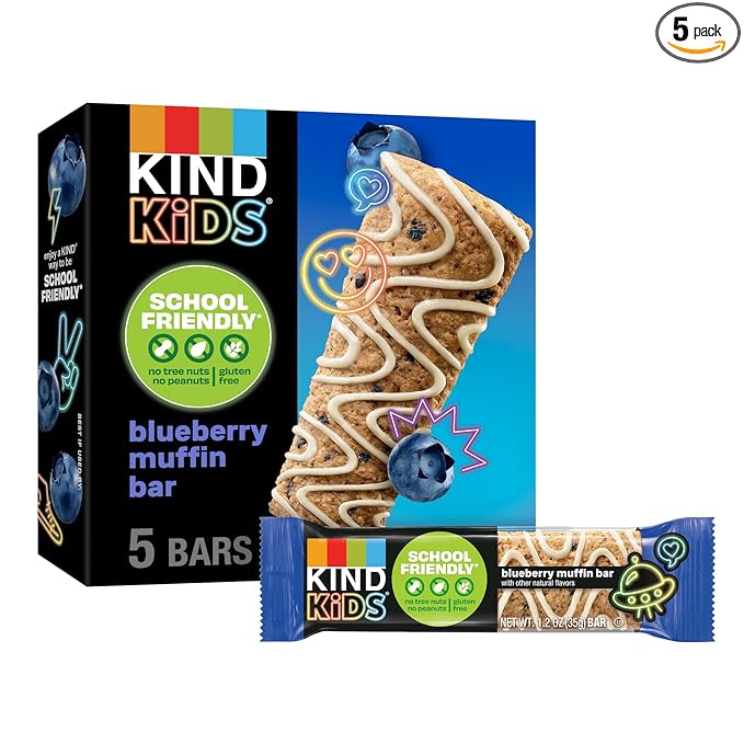 KIND Kids Granola Bars, Blueberry Muffin, Gluten Free, Low Sodium, Peanut and Tree Nut Free Snacks, 5g Protein, 5 Count
