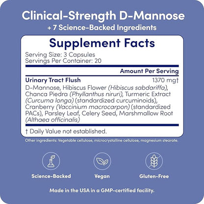 UT-Fem Solution - Fast-Acting Urinary Tract Flush for Women, Proactive UTI Support, Promotes Cleansing & Comfort, Clinical-Strength D-Mannose, Cranberry, and Natural Ingredients - 60 Vegan Capsules