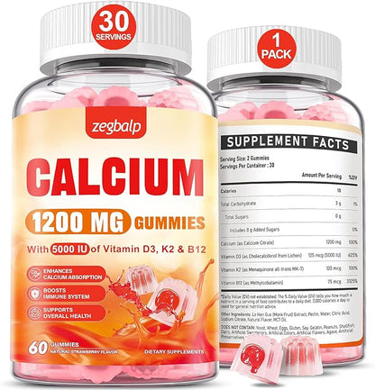 Calcium 1200 mg with Vitamin D3 Supplement for Adults - Calcium Gummies with Vitamin D3 5000IU, K2, B12 for Women Men - Extra Absorption Calcium Citrate - Natural Strawberry Flavor, 60 Gummies