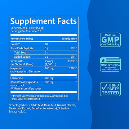 Nello Supercalm Powdered Drink Mix, Cortisol Reducer and Sleep Aid Supplement, L Theanine, Ksm-66 Ashwagandha, Magnesium Glycinate, Vitamin D 3, No Sugar, Non GMO, On The Go, 20 Ct, Cucumber Lime