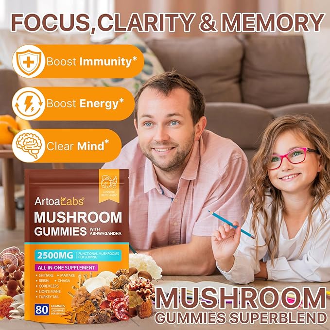 Mushroom Gummies with Ashwagandha 2500mg Lions Mane Mushroom Supplement Blend Organic Reishi, Cordyceps,Turkey Tail & More, Boosts Energy, Memory, Immune Defense- 80 Gummies