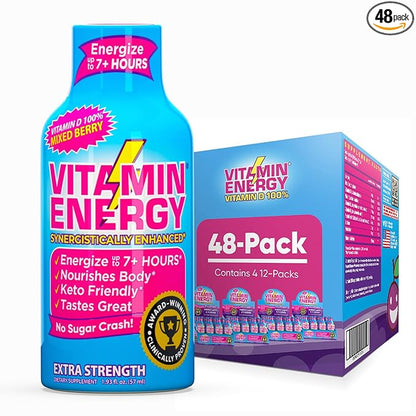 Vitamin Energy Vitamin D Extra Strength Energy Shot Mixed Berry 48 Pack, 260mg Natural Caffeine, B-Complex, Vitamin D, Wellness Support, Keto, Zero Sugar, Gluten-Free Vegan Kosher, 1.93 fl oz
