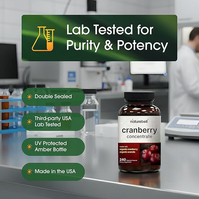NatureBell Cranberry Concentrate - 240 Capsules - Organic Cranberry Concentrate with Acerola Cherry - Urinary Tract & Prostate Support* - Vegetarian