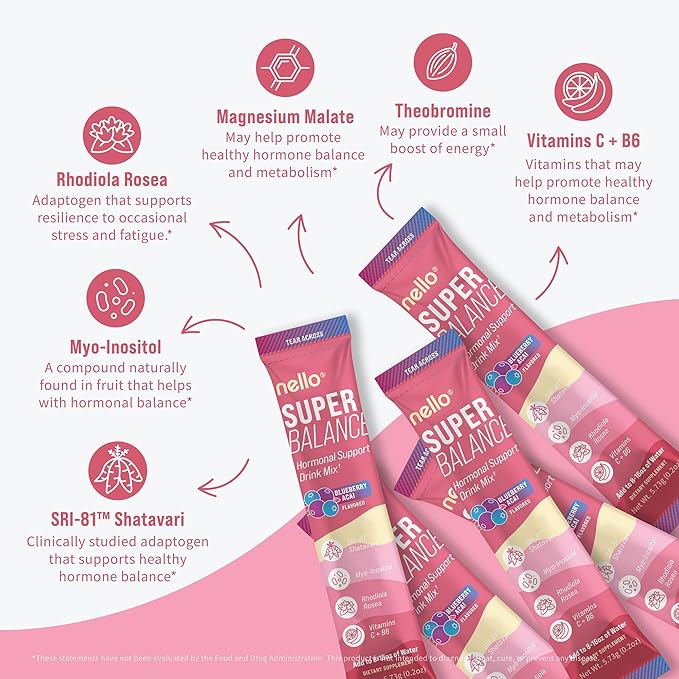 Nello Superbalance Hormonal Support Drink Mix, SRI-81 Shatavari, Myo-Inositol, Rhodiola Rosea, Vitamin C, Magnesium, Theobromine, Blueberry Acai (Pack of 20)