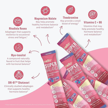 Nello Superbalance Hormonal Support Drink Mix, SRI-81 Shatavari, Myo-Inositol, Rhodiola Rosea, Vitamin C, Magnesium, Theobromine, Blueberry Acai (Pack of 20)