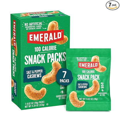 Emerald Nuts, 100 Calorie Packs, 7 Count, Salt & Pepper Cashews, 4.34 Oz