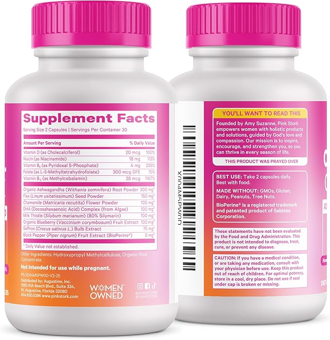 Pink Stork Cortisol Supplements for Women - Adaptogenic Adrenal Support & Hormone Balance with Organic Ashwagandha, Omega 3 DHA, Saffron, Multivitamins - Mood Support - 60 Count