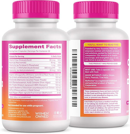 Pink Stork Cortisol Supplements for Women - Adaptogenic Adrenal Support & Hormone Balance with Organic Ashwagandha, Omega 3 DHA, Saffron, Multivitamins - Mood Support - 60 Count