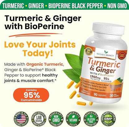 Turmeric and Ginger Supplement - Organic Turmeric & BioPerine - 95% Curcuminoids for Joint Support & Digestion | High Absorption Black Pepper Extract, Vegan, Curcumin Pills, Extra Strength 90 Capsules