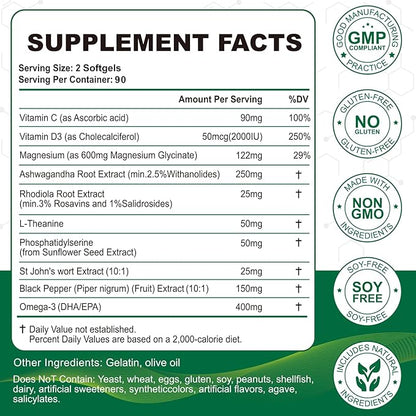 Cortisol Supplements for Women and Men Softgels, Cortisol Manager 10-in-1 with Magnesium Ashwagandha Rhodiola L-Theanine Balanced Cortisol Levels for Relaxation Focus Cognitive Night Support 180 Count