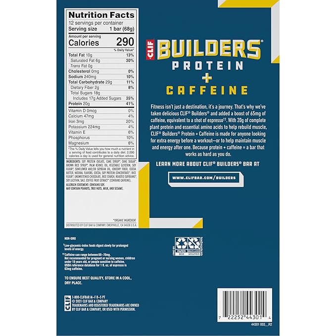 CLIF BUILDERS + Caffeine Protein Bars - Chocolate Chip Cookie Dough Flavor - 20g Plant Based Protein - Gluten Free - Non-GMO - Low Glycemic - No Artificial Sweeteners - 2.4 oz. (12 Pack)