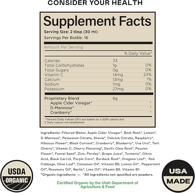 Complete Natural Urinary Tract Complete 8oz - Liquid Supplement for Urinary Tract Health with Organic Cranberry, D-Mannose, Beet Root, Fennel Seed, and Turmeric
