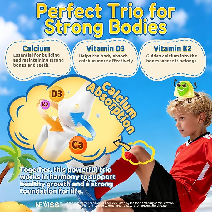 Kids Calcium Gummies + Vitamin D3 (1000IU/2000IU), K2, Magnesium, Phosphorus, Probiotic, Algae Calcium Supplement for Kids 4+ & Teens for Bones & Teeth, Extra Calcium Absorption, Sugar Free, 60 Counts