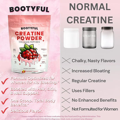 Creatine for Women – Booty Builder – Packed with Collagen, Biotin, BCAAs, Hyaluronic Acid, Vitamin C & Creatine Monohydrate Powder – Lean Muscle & Skin Hydration Support – Pink Lemonade, 30 Servings