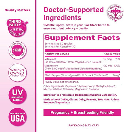 Pink Stork Magnesium Glycinate with Vitamin D - Magnesium Supplement for Women to Support Natural Calm - 2 Pack