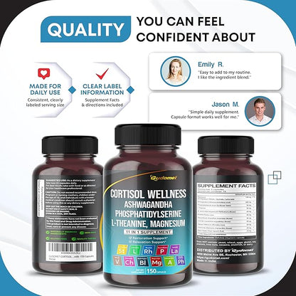 CORTISOL Wellness Magnesium Ashwagandha L-Theanine Phosphatidylserine Rhodiola Rosea Passionflower Lavender Chamomile -150 Capsules