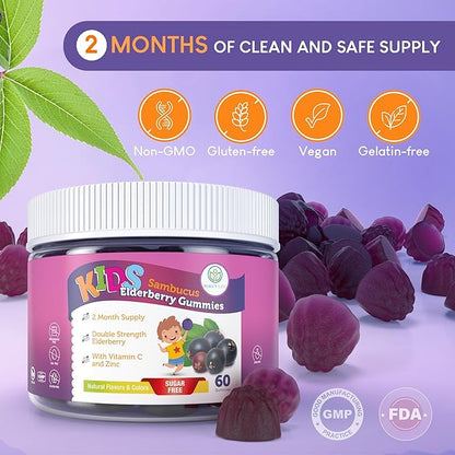 Sugar-Free Kids Elderberry Gummies with Vitamin C & Zinc – Daily Immune Support Supplement for Children, Sambucus Antioxidant, Vegan, 60 Ct